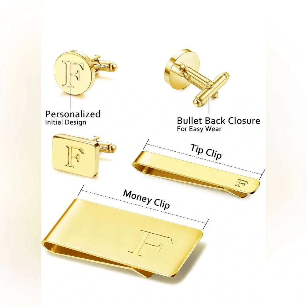 Elegant Gold Cufflink, money clip and Tie Clip Set - letter F